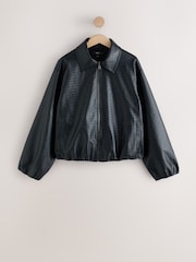 Black Faux Leather Basketweave Bomber Jacket - Image 5 of 7