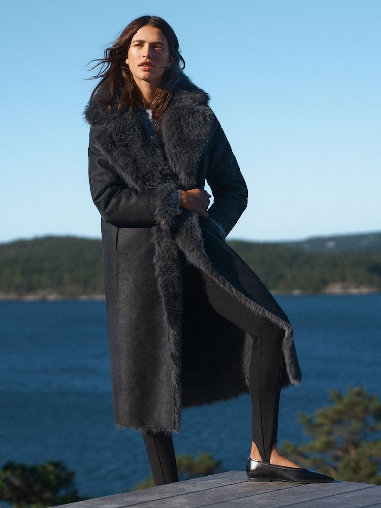 Black/Charcoal Grey Reversible Faux Leather & Faux Fur Longline Coat - Image 1 of 8 Black/Charcoal Grey Reversible Faux Leather & Faux Fur Longline Coat - Image 1 of 8