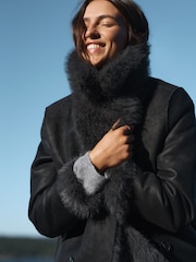 Black/Charcoal Grey Reversible Faux Leather & Faux Fur Longline Coat - Image 4 of 8