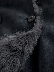 Black/Charcoal Grey Reversible Faux Leather & Faux Fur Longline Coat - Image 7 of 8