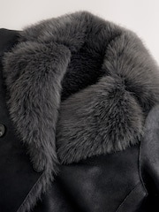 Black/Charcoal Grey Reversible Faux Leather & Faux Fur Longline Coat - Image 8 of 8