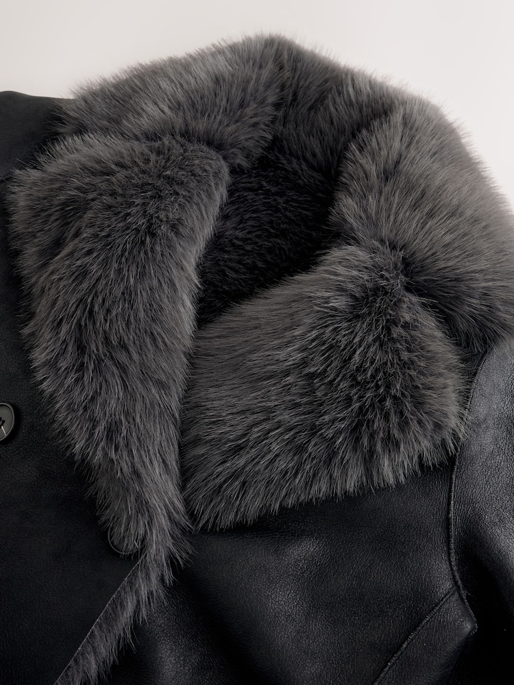 Black/Charcoal Grey Reversible Faux Leather & Faux Fur Longline Coat - Image 8 of 8 Black/Charcoal Grey Reversible Faux Leather & Faux Fur Longline Coat - Image 8 of 8