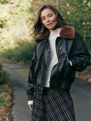 שחור - Faux Leather Shearling Collar Bomber Jacket - תמונה 1 מתוך 3
