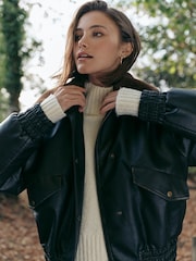 שחור - Faux Leather Shearling Collar Bomber Jacket - תמונה 3 מתוך 3