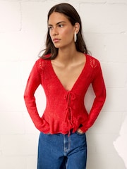 BHOEM Red Front Tie Details Pointelle Fine Knit Cardigan - Image 1 of 4