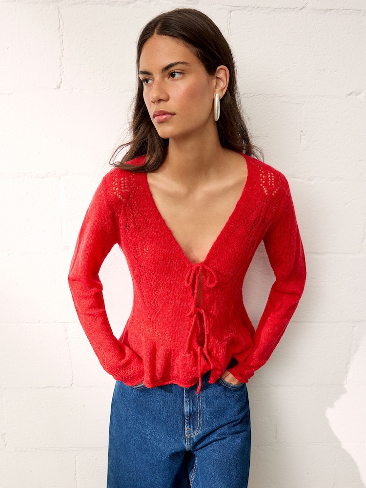 BHOEM Red Front Tie Details Pointelle Fine Knit Cardigan - Image 1 of 4 BHOEM Red Front Tie Details Pointelle Fine Knit Cardigan - Image 1 of 4