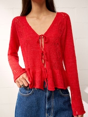 BHOEM Red Front Tie Details Pointelle Fine Knit Cardigan - Image 2 of 4