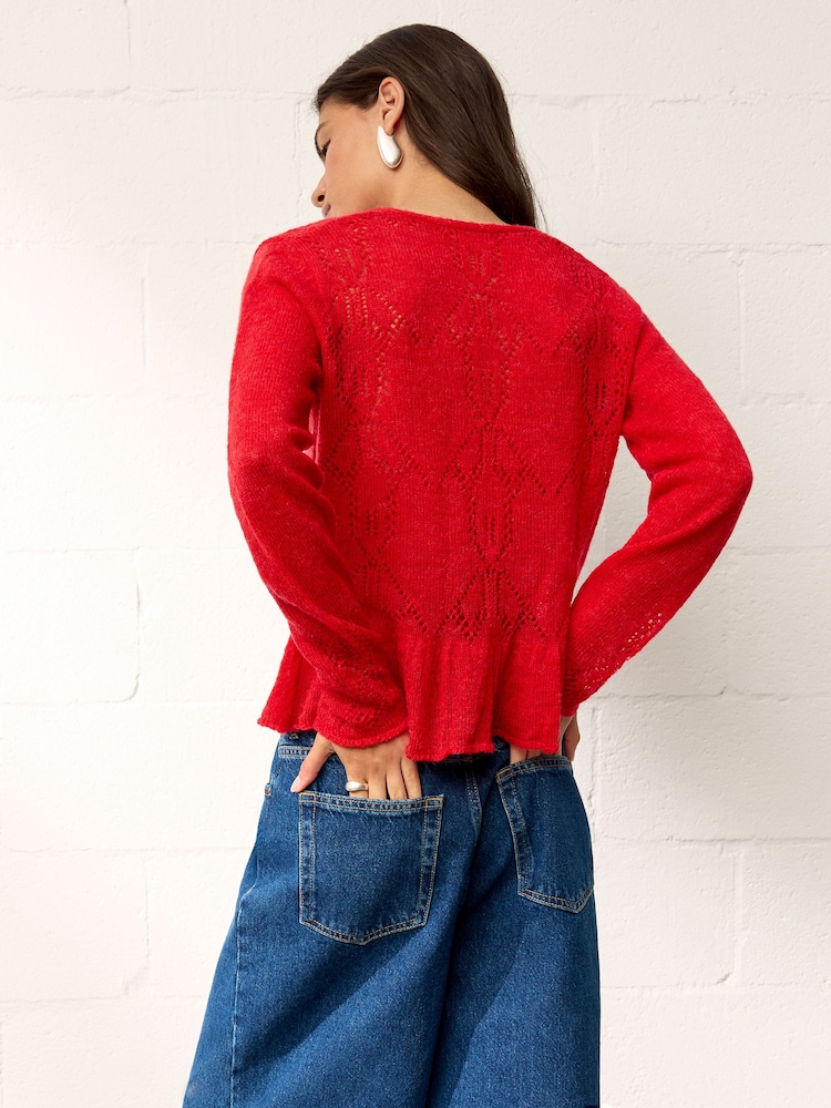 BHOEM Red Front Tie Details Pointelle Fine Knit Cardigan - Image 4 of 4 BHOEM Red Front Tie Details Pointelle Fine Knit Cardigan - Image 4 of 4
