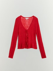 BHOEM Red Front Tie Details Pointelle Fine Knit Cardigan - Image 5 of 5