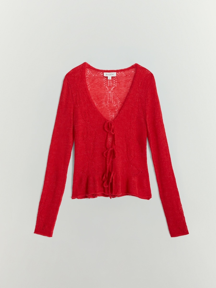 BHOEM Red Front Tie Details Pointelle Fine Knit Cardigan - Image 5 of 5