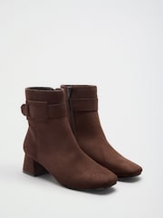 Friends Like These Chocolate Brown Wide Fit Faux Suede Covered Buckle Mid Heel Ankle Boots - Image 1 of 4
