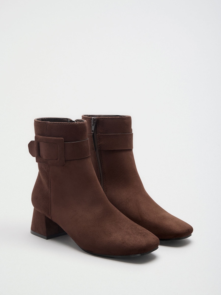 Friends Like These Chocolate Brown Wide Fit Faux Suede Covered Buckle Mid Heel Ankle Boots - Image 1 of 4 Friends Like These Chocolate Brown Wide Fit Faux Suede Covered Buckle Mid Heel Ankle Boots - Image 1 of 4