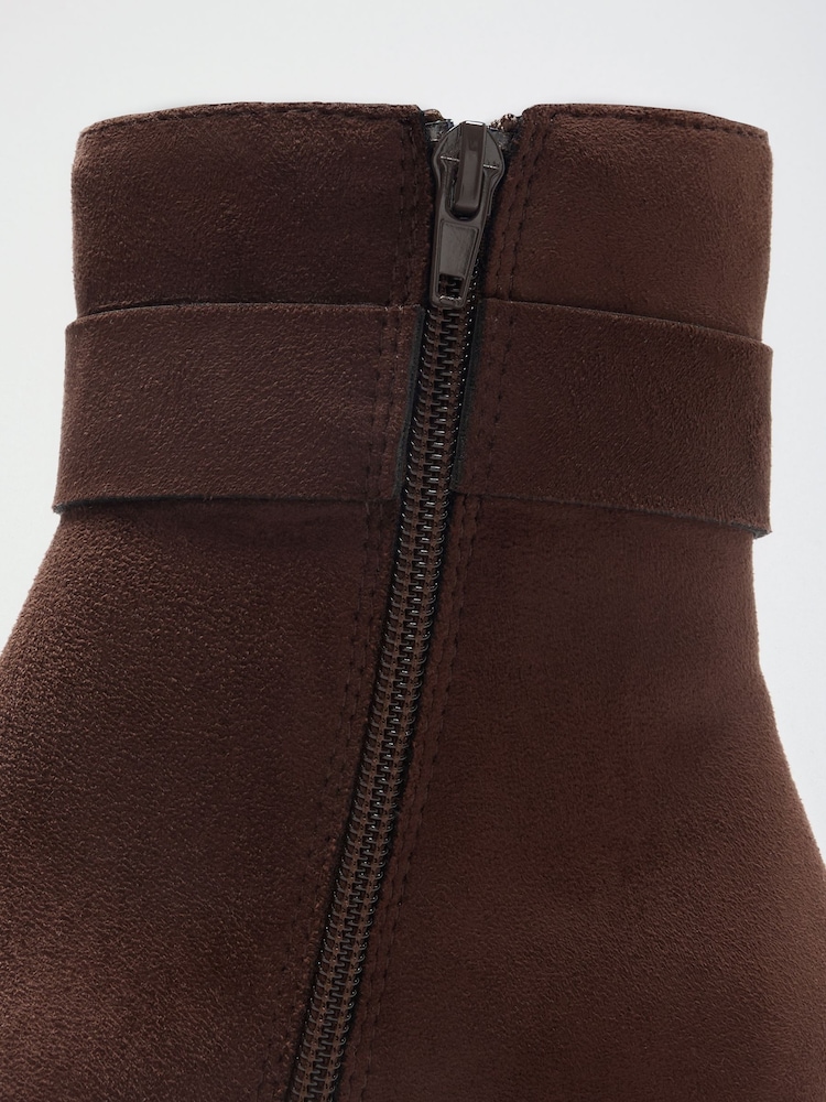 Friends Like These Chocolate Brown Wide Fit Faux Suede Covered Buckle Mid Heel Ankle Boots - Image 4 of 4 Friends Like These Chocolate Brown Wide Fit Faux Suede Covered Buckle Mid Heel Ankle Boots - Image 4 of 4