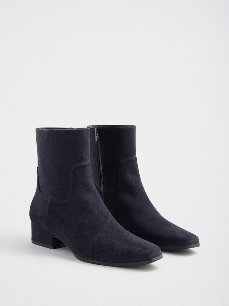 Friends Like These Navy Wide Fit Faux Suede Mini Block Heeled Smart Ankle Boots - Image 1 of 5 Friends Like These Navy Wide Fit Faux Suede Mini Block Heeled Smart Ankle Boots - Image 1 of 5