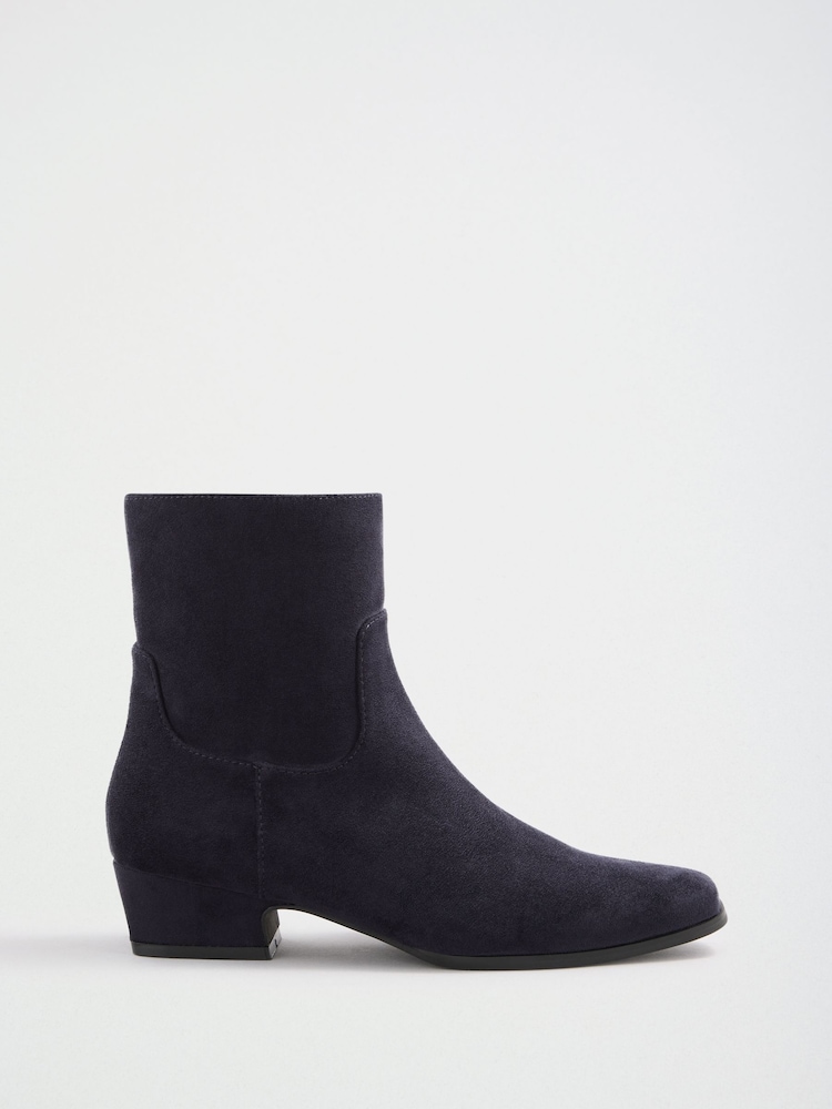 Friends Like These Navy Wide Fit Faux Suede Mini Block Heeled Smart Ankle Boots - Image 2 of 5 Friends Like These Navy Wide Fit Faux Suede Mini Block Heeled Smart Ankle Boots - Image 2 of 5