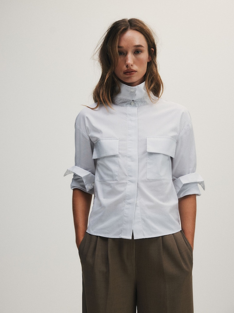 לבן עם פסים - The Set Utility Shirt - תמונה 1 מתוך 9