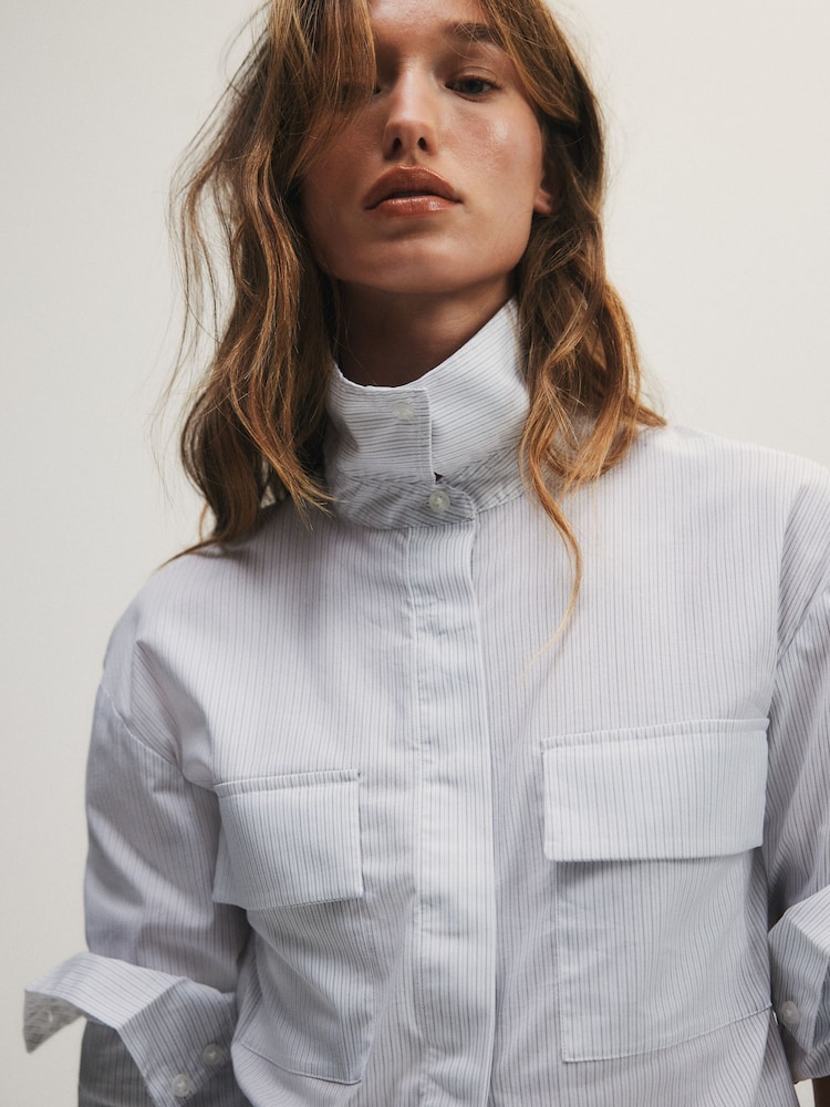 לבן עם פסים - The Set Utility Shirt - תמונה 9 מתוך 9
