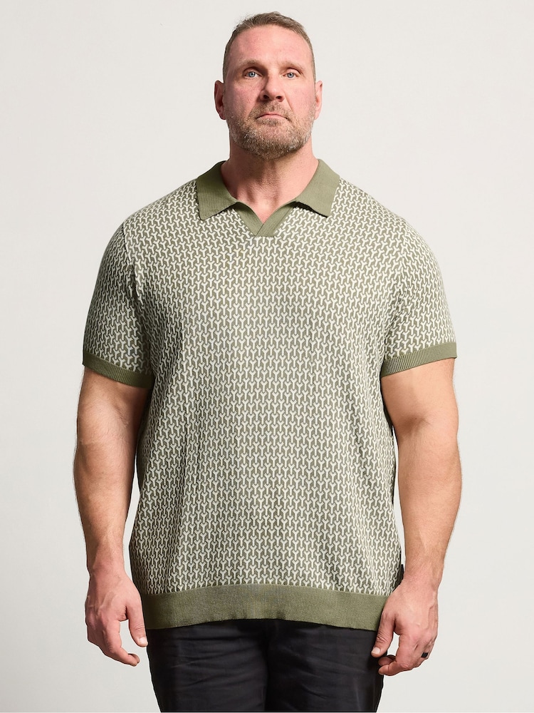 BadRhino Big & Tall Green Patterned Knitted Trophy Polo Shirt - Image 1 of 3 BadRhino Big & Tall Green Patterned Knitted Trophy Polo Shirt - Image 1 of 3