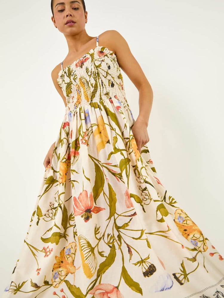 Roman Petite Floral Print Shirred Midi Dress - Imagen 1 de 5