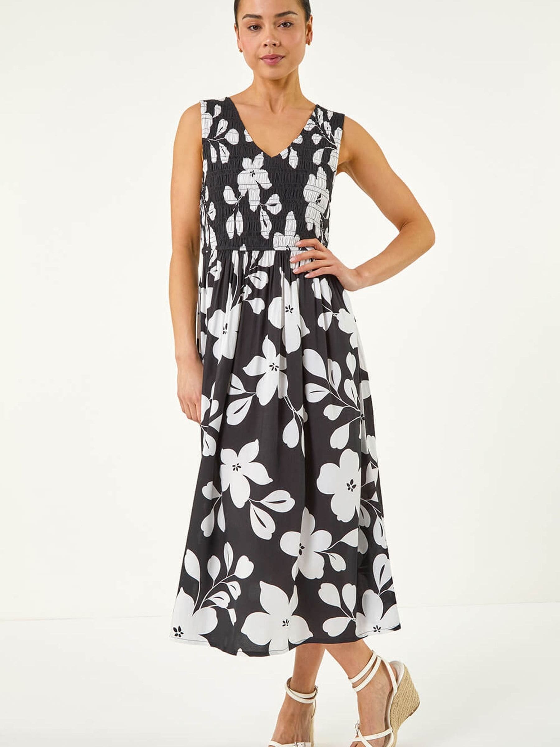 Roman Women's Black Petite Floral Print Shirred Midi Dress