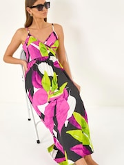Roman Pink Leaf Print Wrap Front Dress - Image 1 of 5