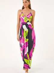 Roman Pink Leaf Print Wrap Front Dress - Image 2 of 5
