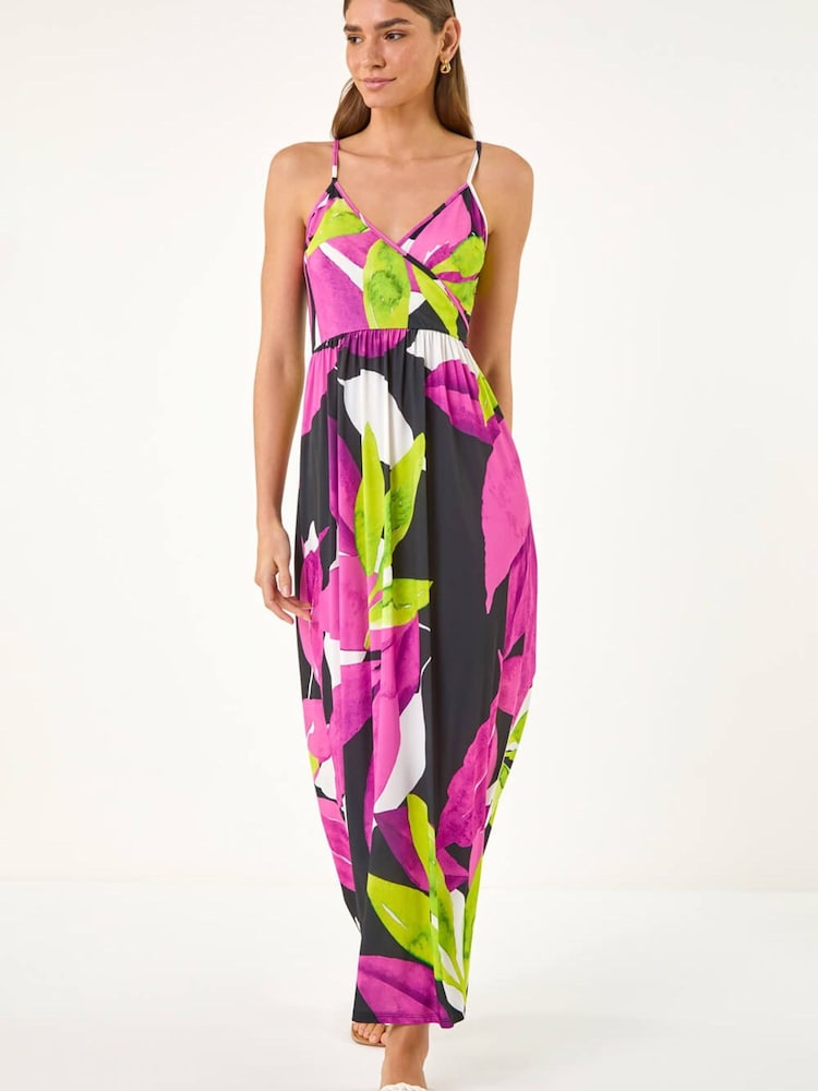 Roman Pink Leaf Print Wrap Front Dress - Image 2 of 5