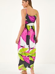 Roman Pink Leaf Print Wrap Front Dress - Image 3 of 5