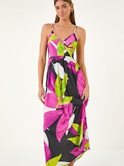 Roman Pink Leaf Print Wrap Front Dress - Image 4 of 5