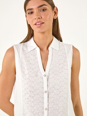 Roman White Broderie Collared Vest Top - Image 1 of 5