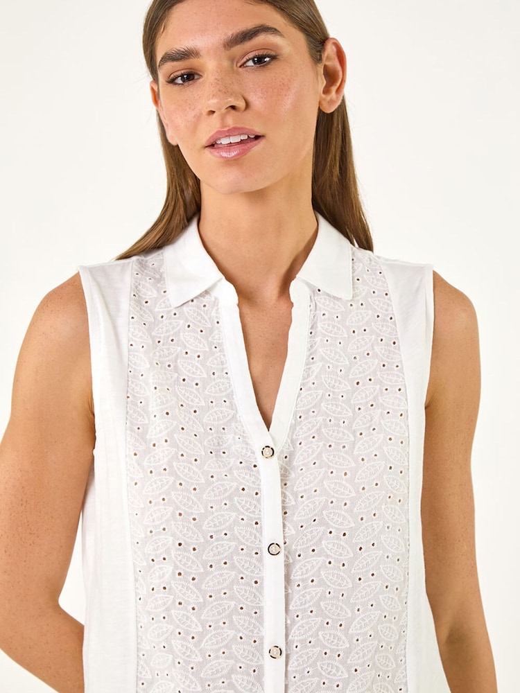 Roman White Broderie Collared Vest Top - Image 1 of 5
