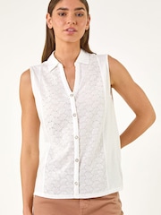 Roman White Broderie Collared Vest Top - Image 4 of 5