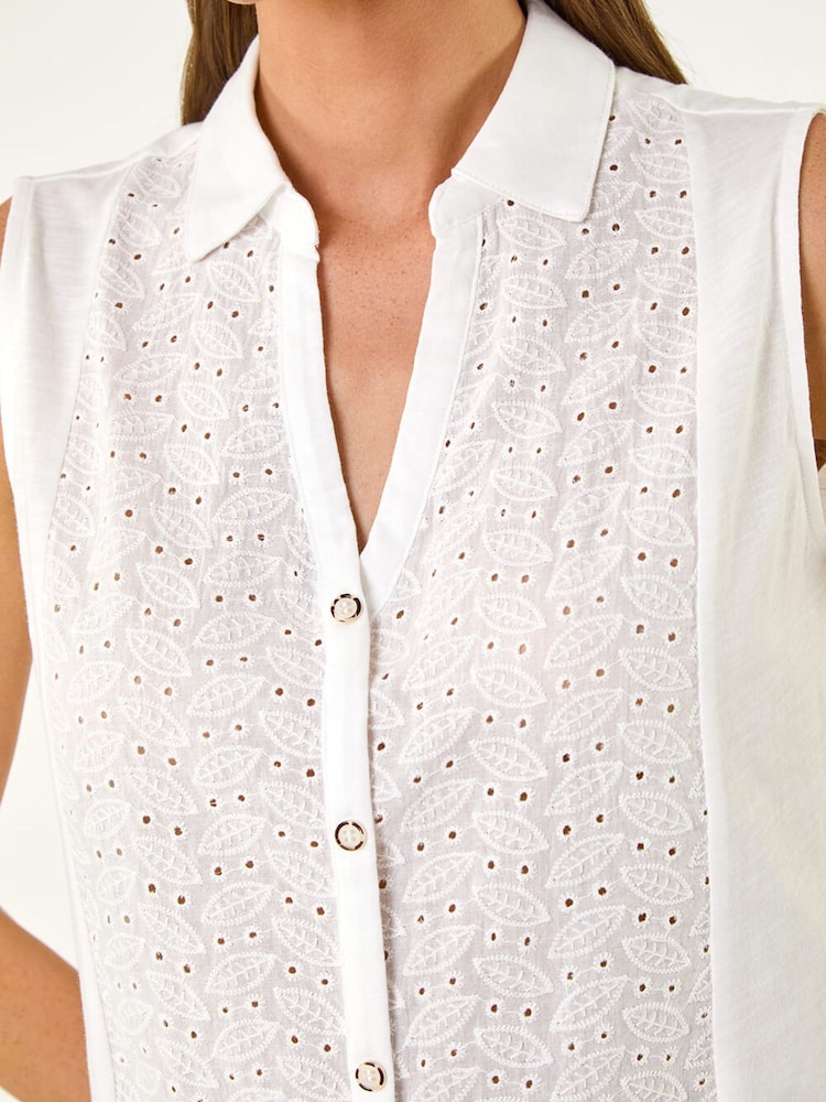 Roman White Broderie Collared Vest Top - Image 5 of 5