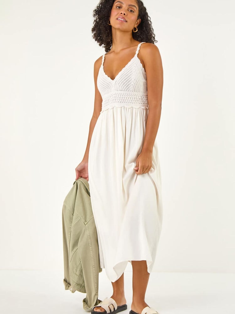 Roman White Crochet Strappy Midi Dress - Image 1 of 5 Roman White Crochet Strappy Midi Dress - Image 1 of 5