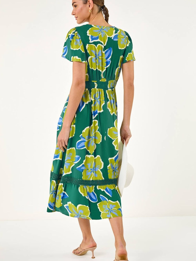 Buy Roman Green Floral Print Lace Trim Midi Dress from Next USA