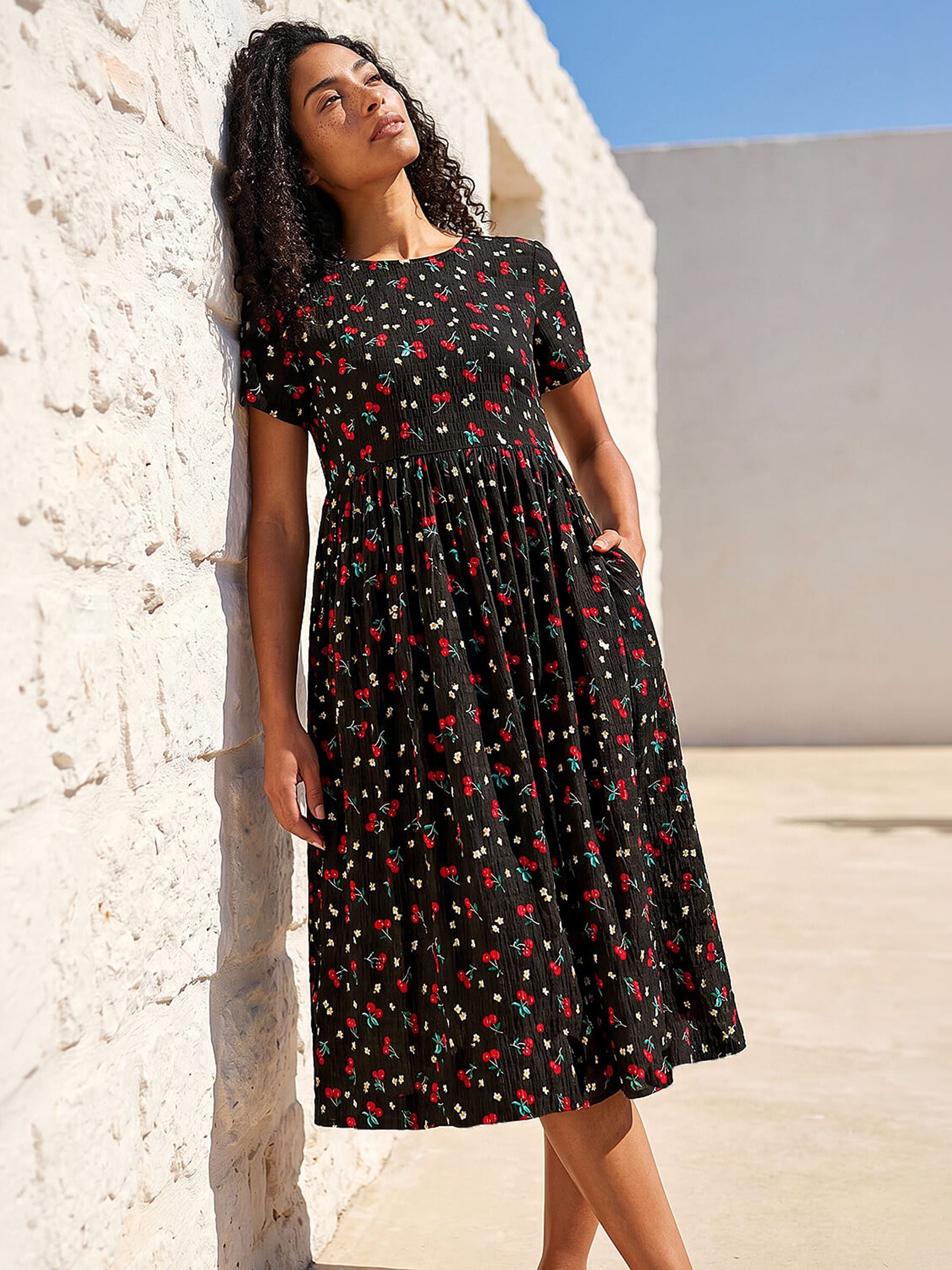 Buy Roman Black Cherry Print Midi Smock Dress from the Next UK