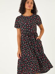 Roman Black Cherry Print Midi Smock Dress - Image 1 of 5