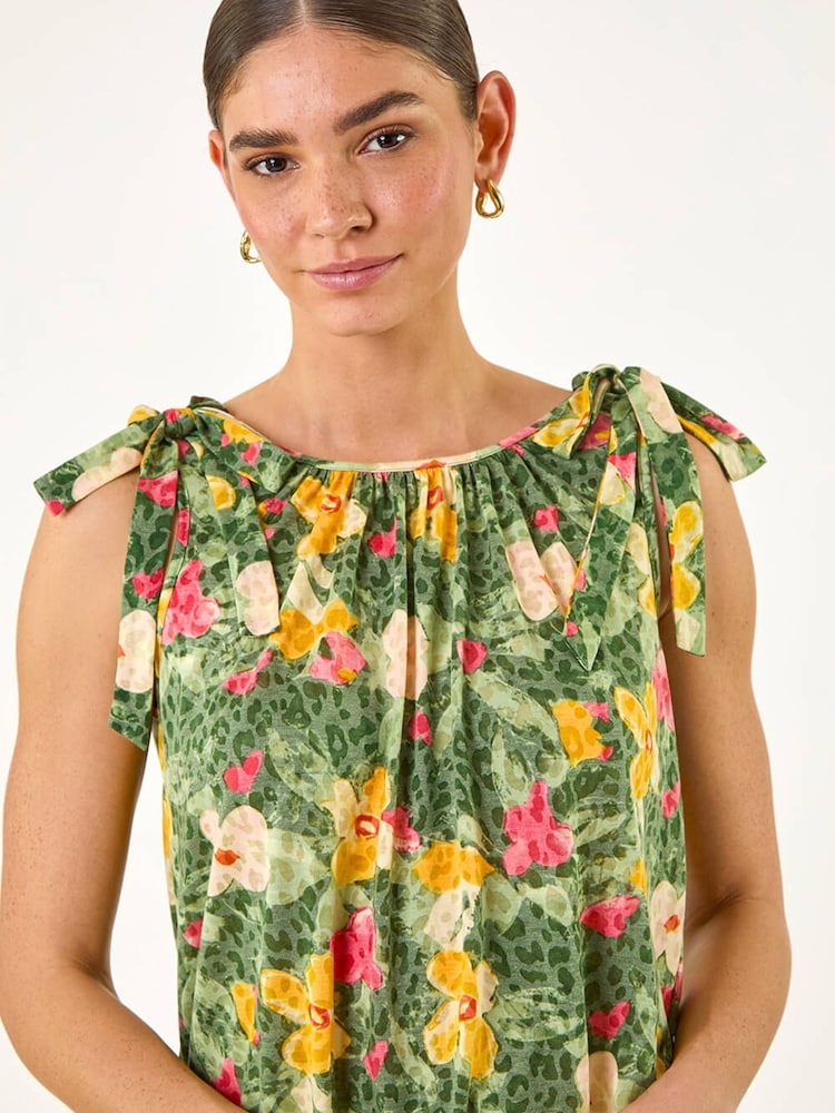 Roman Green Floral Print Bow Detail Top - Image 1 of 5 Roman Green Floral Print Bow Detail Top - Image 1 of 5