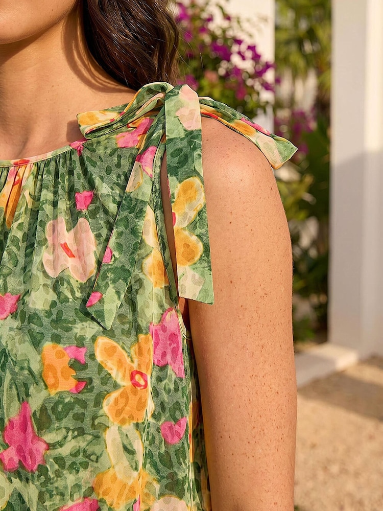 Roman Green Floral Print Bow Detail Top - Image 4 of 4
