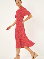 Roman Red Petite Polka Dot Midi Dress - Image 1 of 5