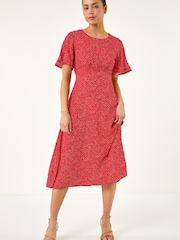 Roman Red Petite Polka Dot Midi Dress - Image 3 of 5