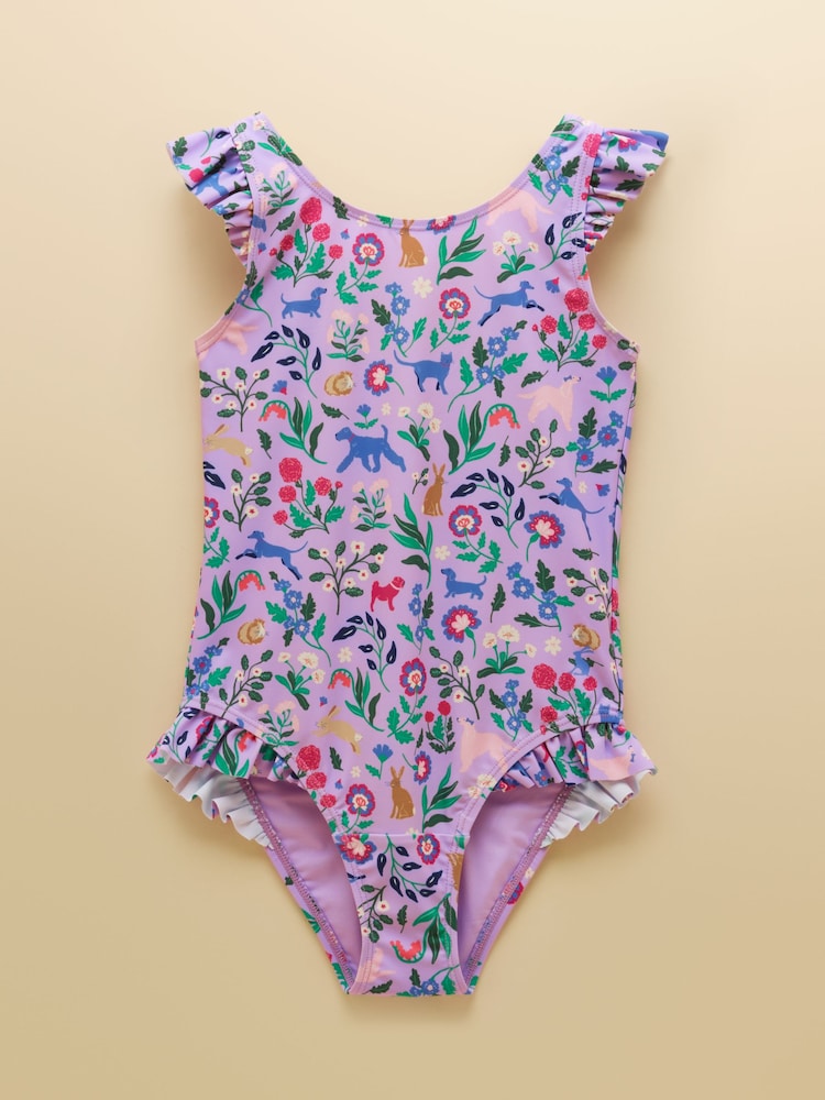 Joules Girls' Splash Lilac Dog Floral Swimming Costume - Image 1 of 4 Joules Girls' Splash Lilac Dog Floral Swimming Costume - Image 1 of 4
