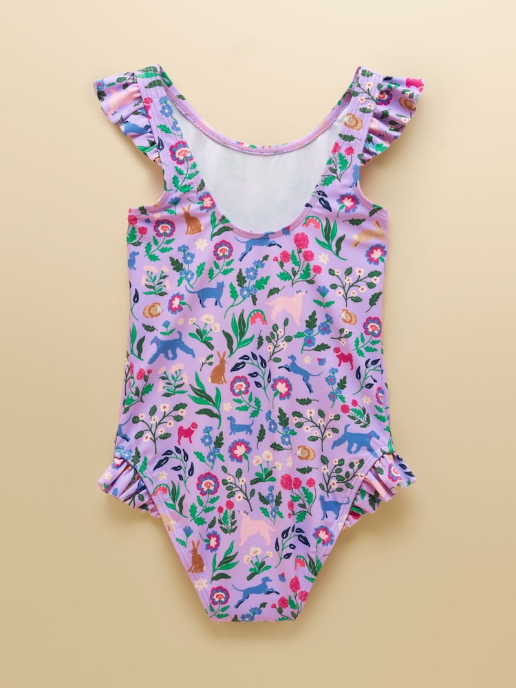 Joules Girls' Splash Lilac Dog Floral Swimming Costume - Image 2 of 4 Joules Girls' Splash Lilac Dog Floral Swimming Costume - Image 2 of 4