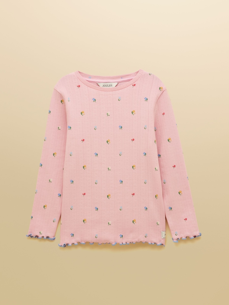 Joules Girls' Odelia Pink Floral Long Sleeve Pointelle Top - Image 1 of 4