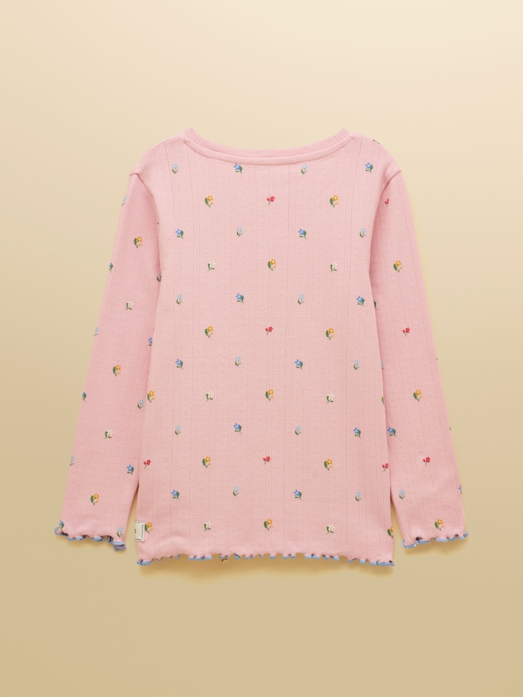 Joules Girls' Odelia Pink Floral Long Sleeve Pointelle Top - Image 2 of 4