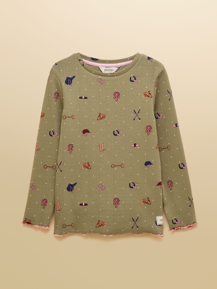 Joules Girls' Odelia Khaki Green Long Sleeve Pointelle Top - Image 1 of 4