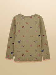 Joules Girls' Odelia Khaki Green Long Sleeve Pointelle Top - Image 2 of 4