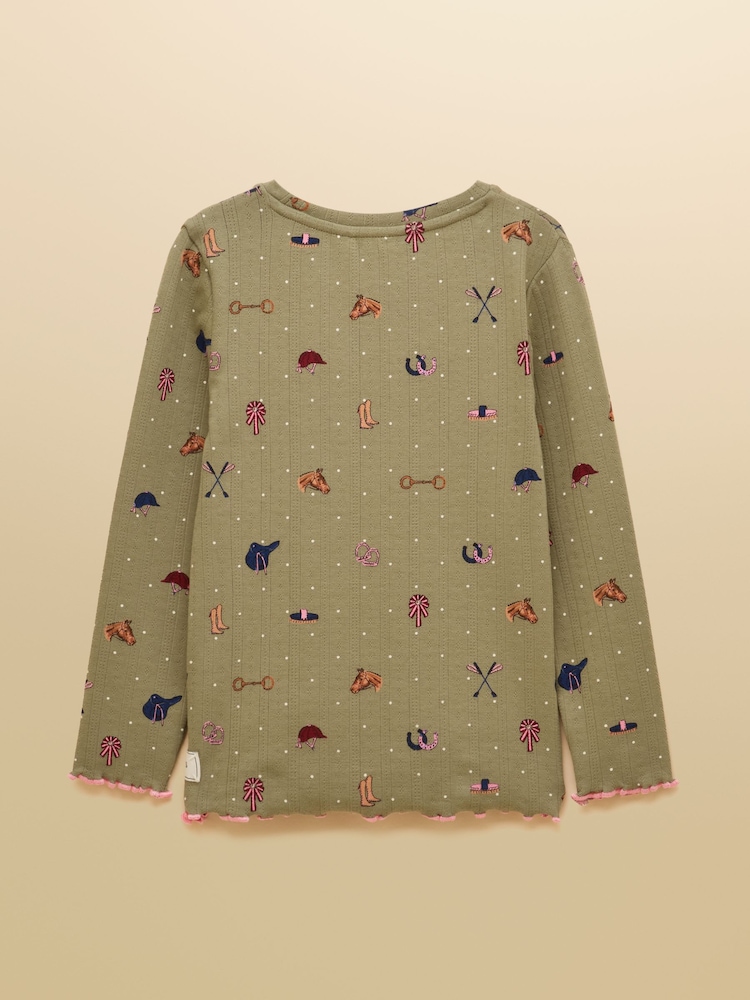 Joules Girls' Odelia Khaki Green Long Sleeve Pointelle Top - Image 2 of 4