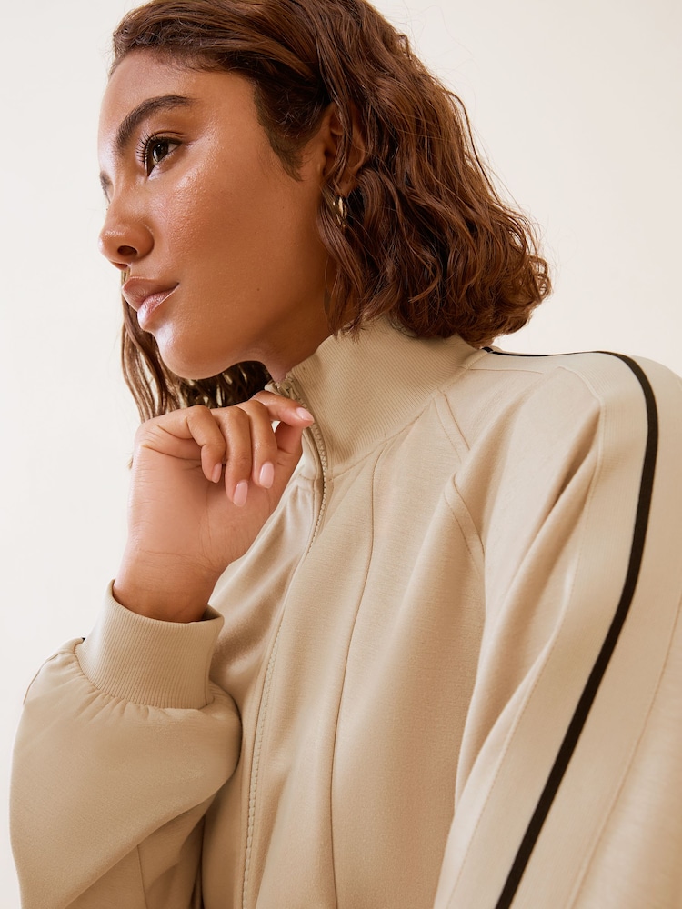 Friends Like These Stone Studio Premium Scuba Side Stripe Zip Through Funnel Neck Jacket - Image 2 of 5 Friends Like These Stone Studio Premium Scuba Side Stripe Zip Through Funnel Neck Jacket - Image 2 of 5