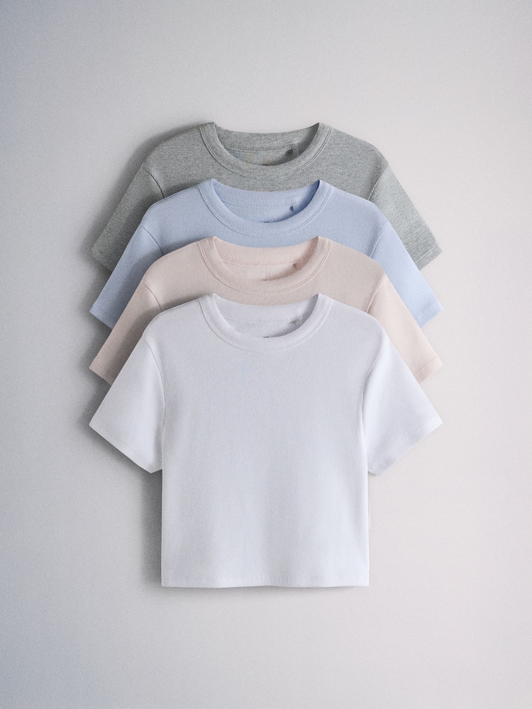 Grey Marl/Blue/Pink/White - The Set 4 Pack Ribbed Cropped T-Shirts - Bild 1 von 7 Grey Marl/Blue/Pink/White - The Set 4 Pack Ribbed Cropped T-Shirts - Bild 1 von 7